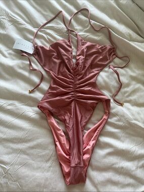 Ruched Dusty Rose One-Piece Swimsuit with Adjustable Ties